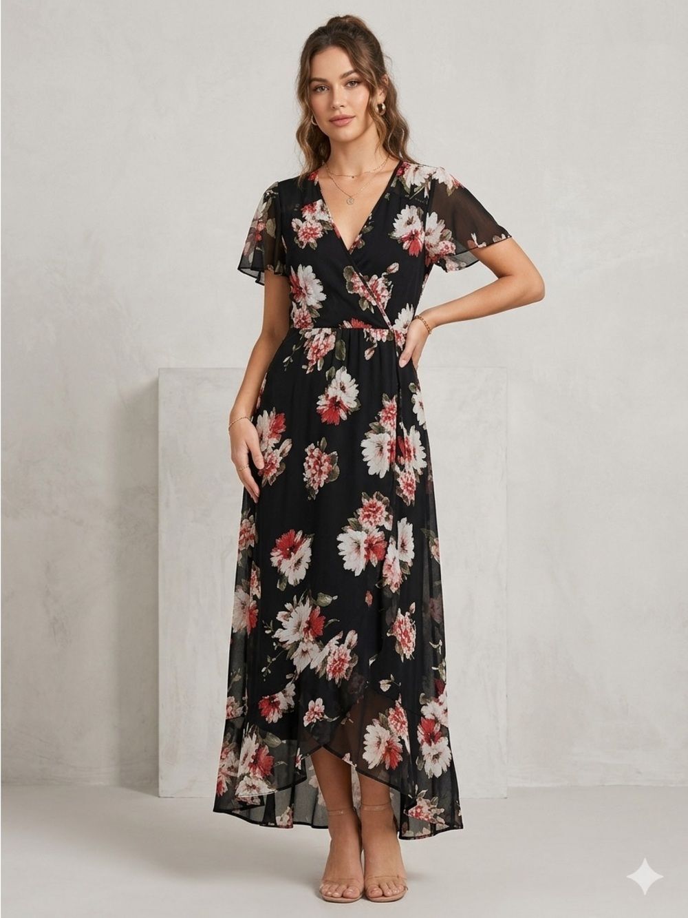 Band of Gypsies Black Floral Maxi Faux Wrap Dress